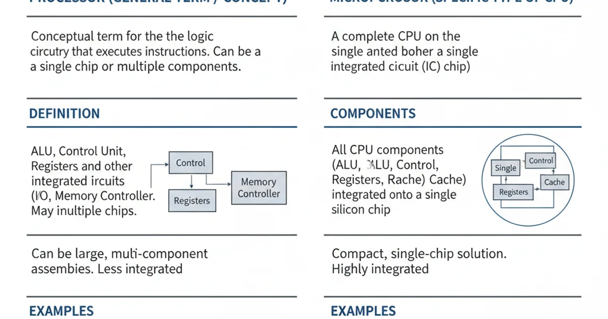 Table comparing Processor (General) and Microprocessor across several attributes like definition, components, size, and examples.