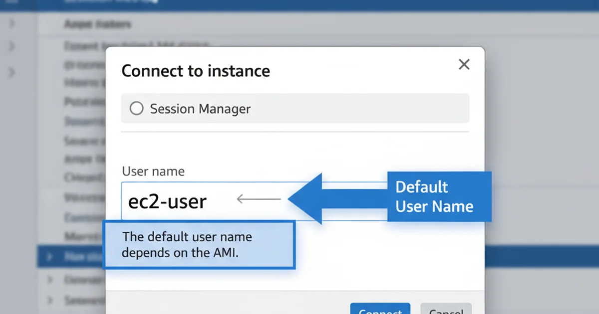 Screenshot of the AWS EC2 console showing the 'Connect to instance' dialog with the default username highlighted.