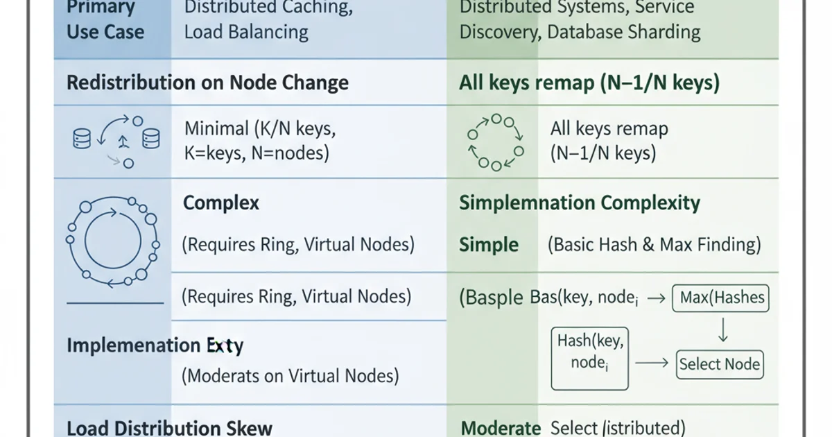 Table comparing Consistent Hashing and Rendezvous Hashing across various criteria