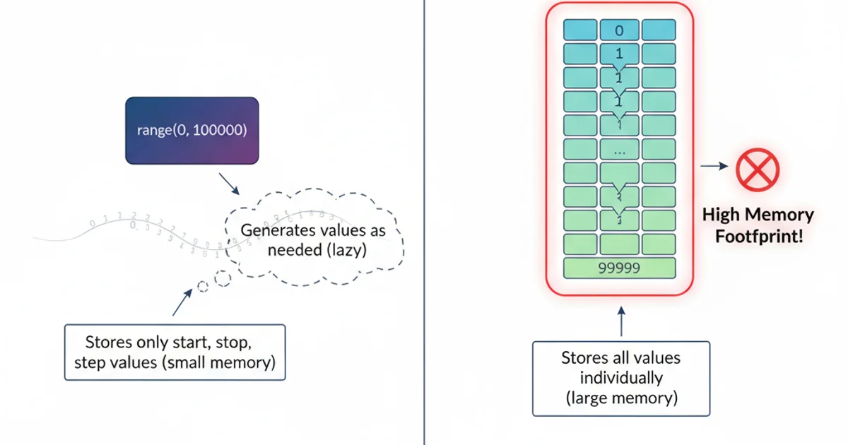 Diagram comparing memory usage of a range object versus a list object for large sequences