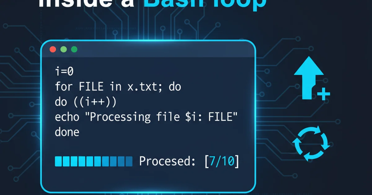 A stylized terminal window showing a Bash loop incrementing a variable, with a progress bar or counter visual.