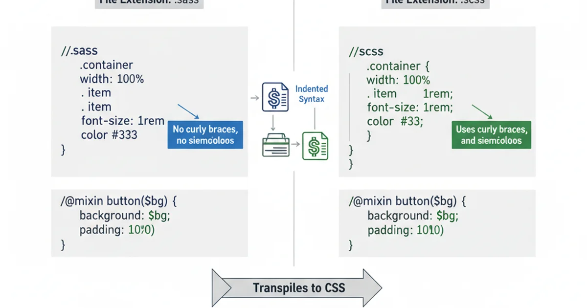 A side-by-side comparison table highlighting the differences between Sass (indented syntax) and SCSS (CSS-like syntax) regarding curly braces, semicolons, and file extensions.