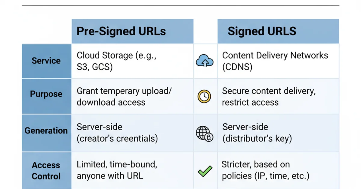 Table comparing Pre-Signed URLs and Signed URLs across various attributes like service, purpose, and control.
