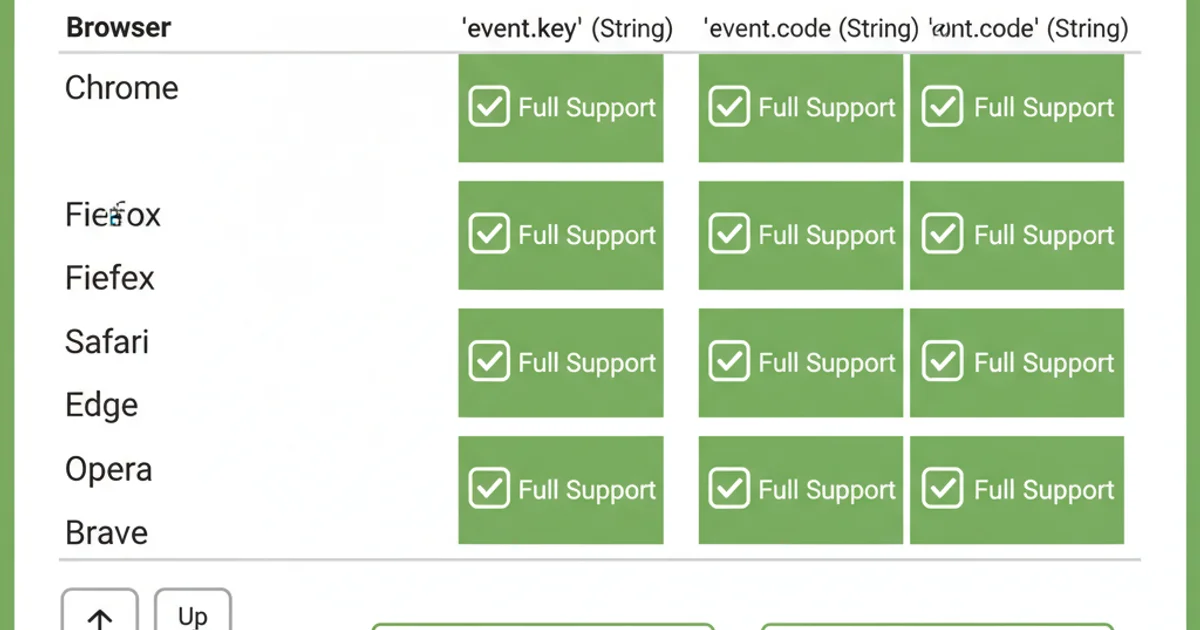 Browser compatibility chart showing widespread support for event.key and event.code across major browsers like Chrome, Firefox, Safari, Edge.