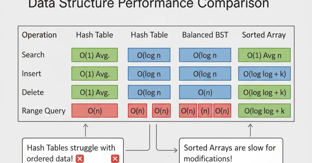 A comparison table showing different data structures (Hash Table, Balanced BST, Array) and their performance characteristics for various operations like search, insert, delete, and range query.