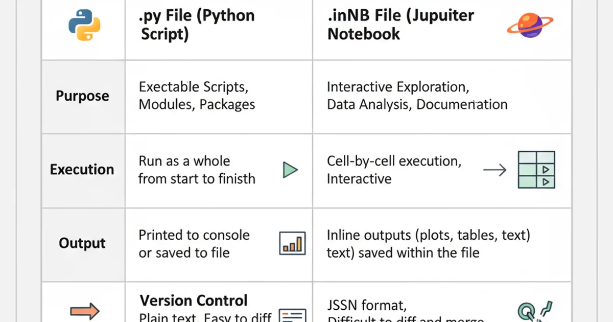 Table comparing .py and .ipynb files across categories like purpose, execution, output, and version control.