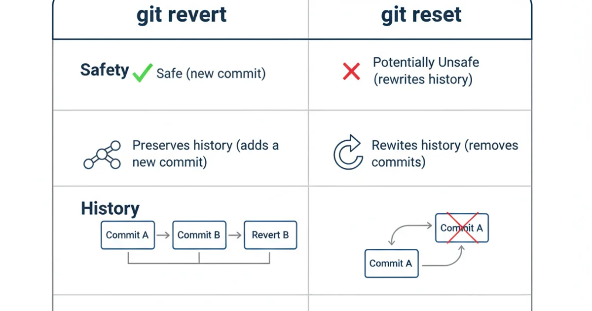 Table comparing git revert and git reset based on safety, history, and use cases