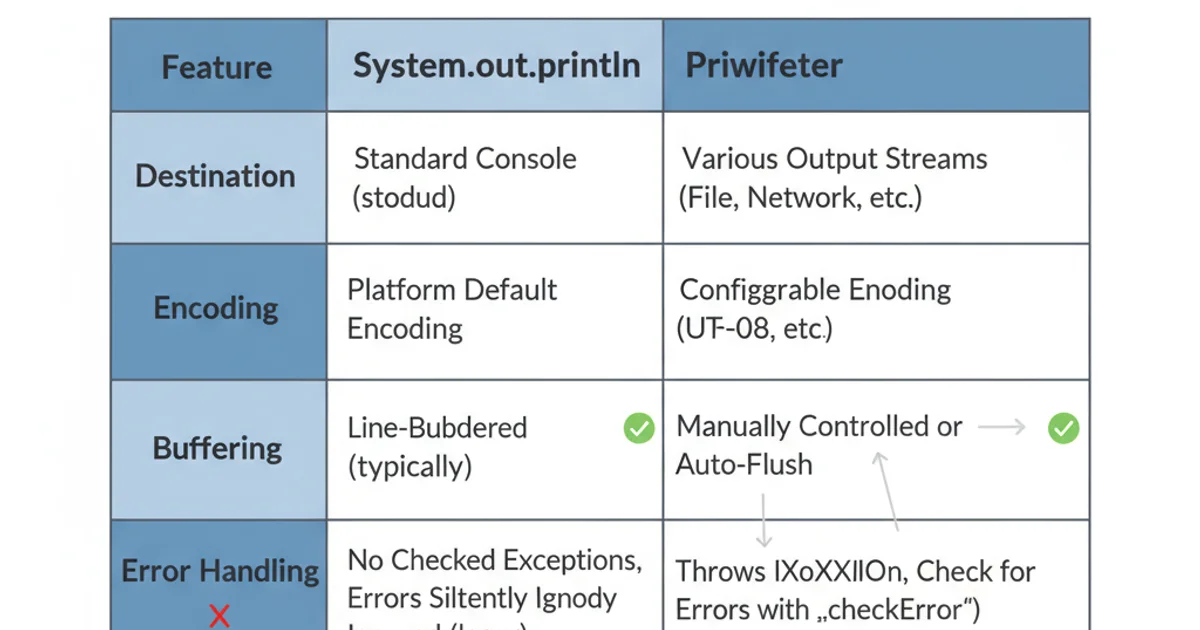 Table comparing System.out.println and PrintWriter features like destination, encoding, buffering, and error handling.