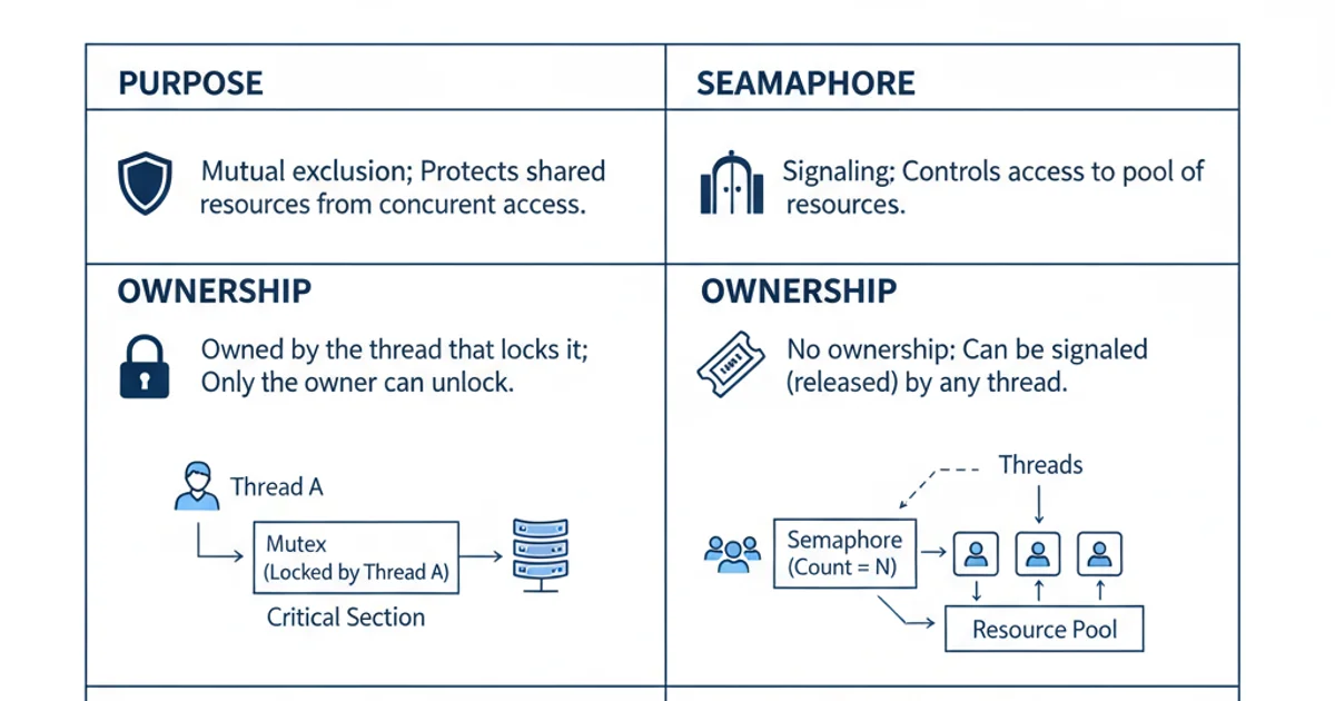 Comparison table illustrating the differences between a mutex and a semaphore, highlighting their purpose, ownership, and typical use cases.