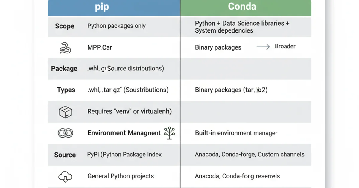 Table comparing pip and Conda features, including scope, package types, environment management, and primary use cases.