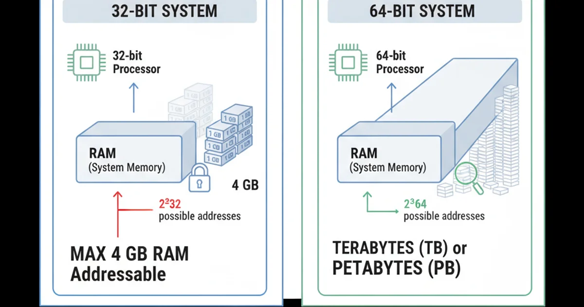 Diagram showing a 32-bit system with a 4GB RAM limit and a 64-bit system with a much larger theoretical RAM limit.