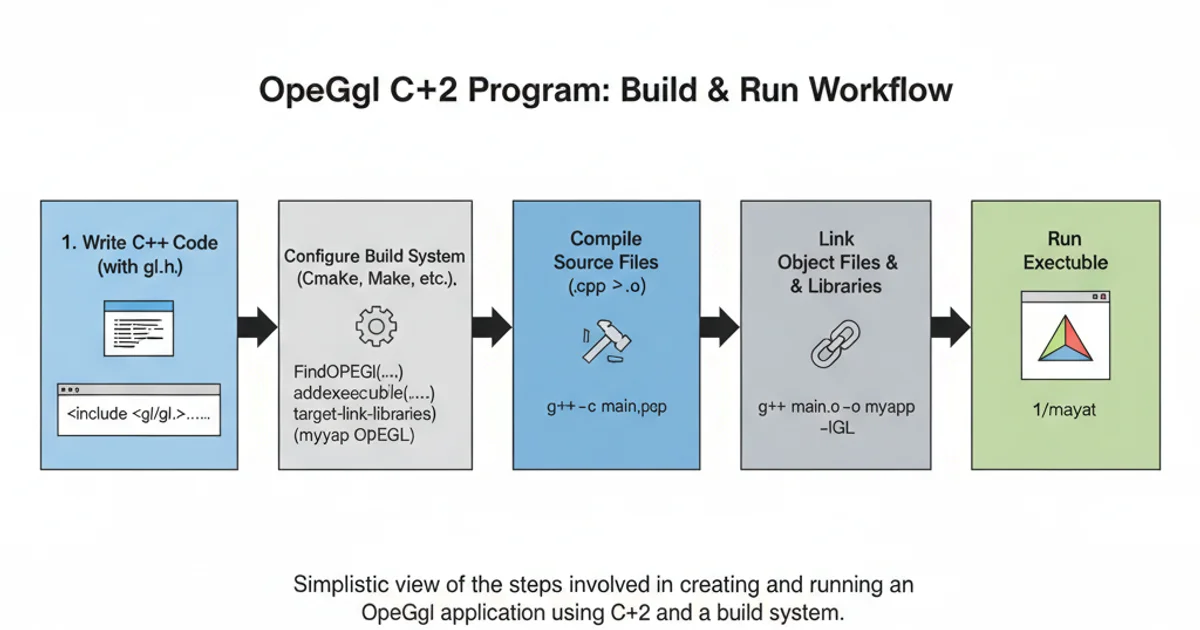Diagram showing the steps to compile and run an OpenGL program: Write Code -> Configure Build System -> Compile -> Link -> Run Executable