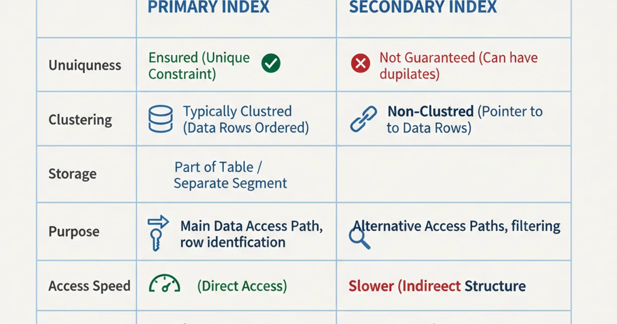 Table comparing primary and secondary indexes across various attributes like uniqueness, clustering, and purpose.