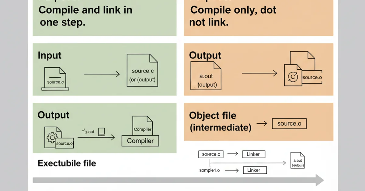 Table comparing cc and cc -c commands, showing their purpose, output, and typical use cases.