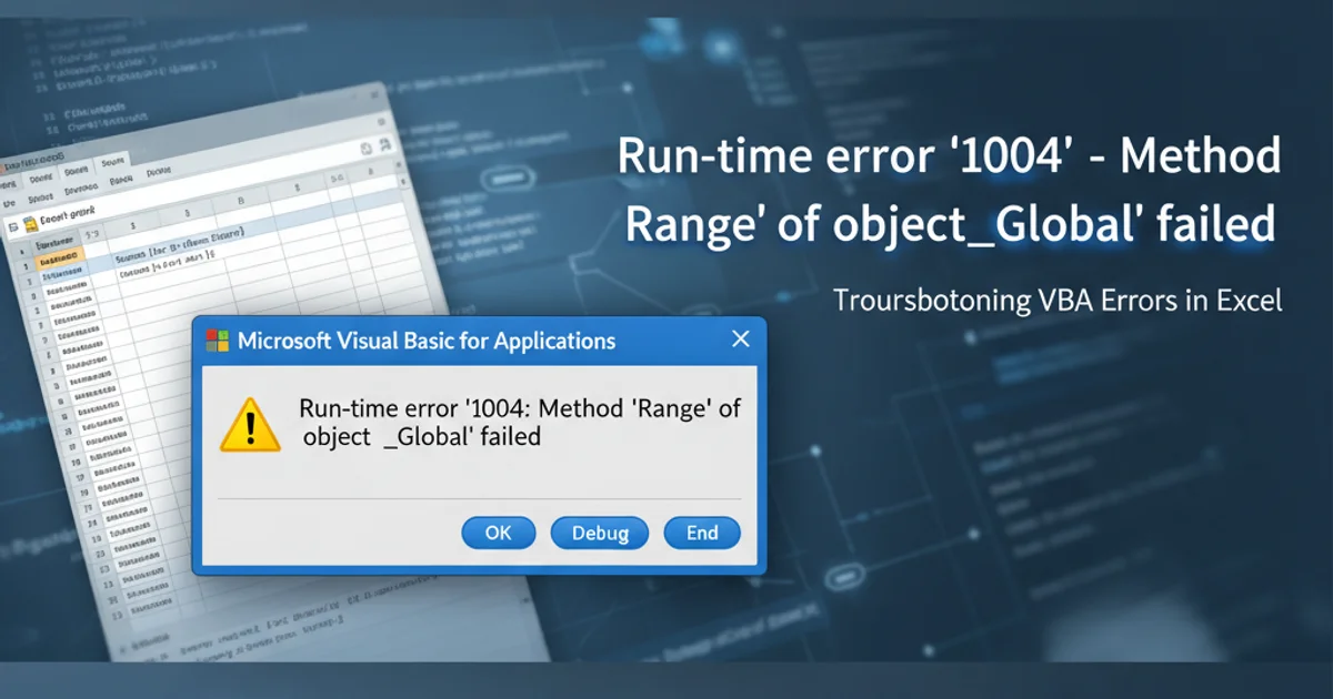 Excel spreadsheet with a VBA error message box displaying 'Run-time error 1004'