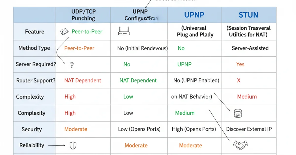 Comparison table of UDP/TCP Hole Punching, UPnP, and STUN, highlighting their characteristics.