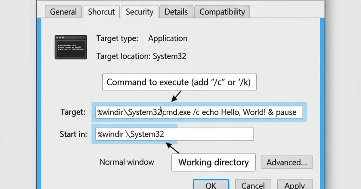 Screenshot of a Windows shortcut properties window showing the 'Target' and 'Start in' fields