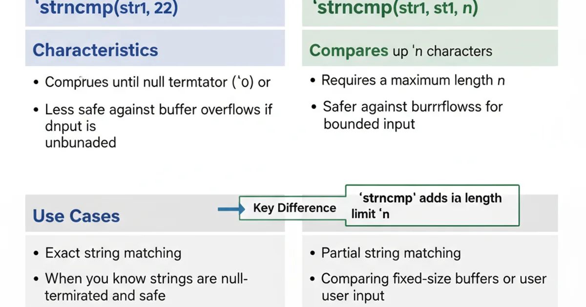 Comparison table showing strcmp vs strncmp with their characteristics and use cases.