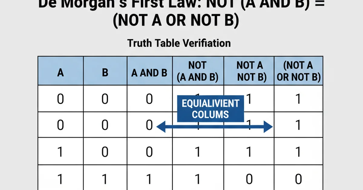 Truth table verifying De Morgan's First Law: NOT (A AND B) is equivalent to (NOT A OR NOT B)