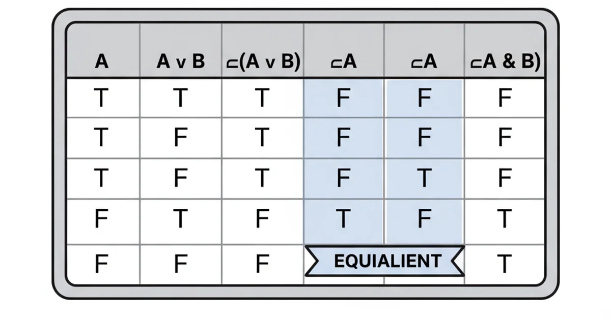 Truth table verifying De Morgan's Second Law: NOT (A OR B) is equivalent to (NOT A AND NOT B)
