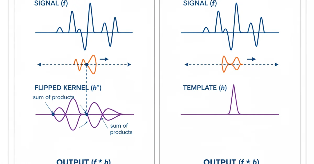 Visual comparison showing a signal being convolved with a flipped kernel versus correlated with an unflipped template.