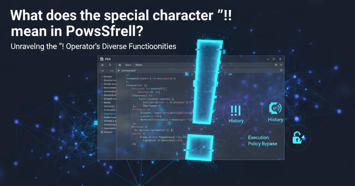 A stylized exclamation mark superimposed over a PowerShell console window, representing its diverse functionalities.