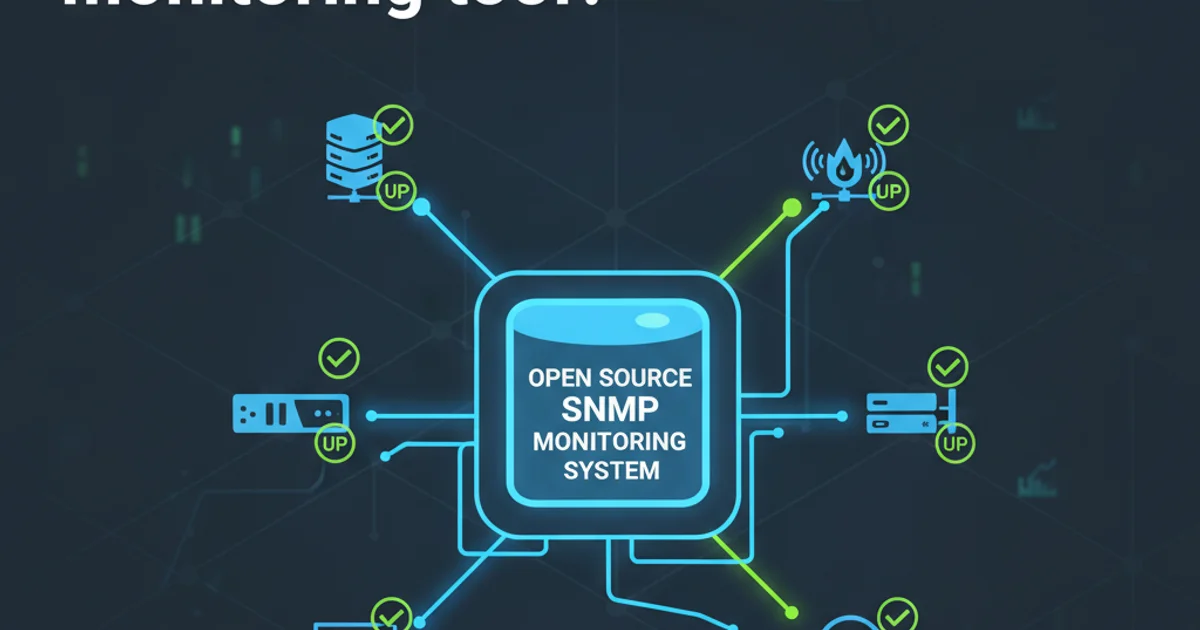 Network diagram showing various devices connected and monitored by a central server, symbolizing SNMP monitoring.