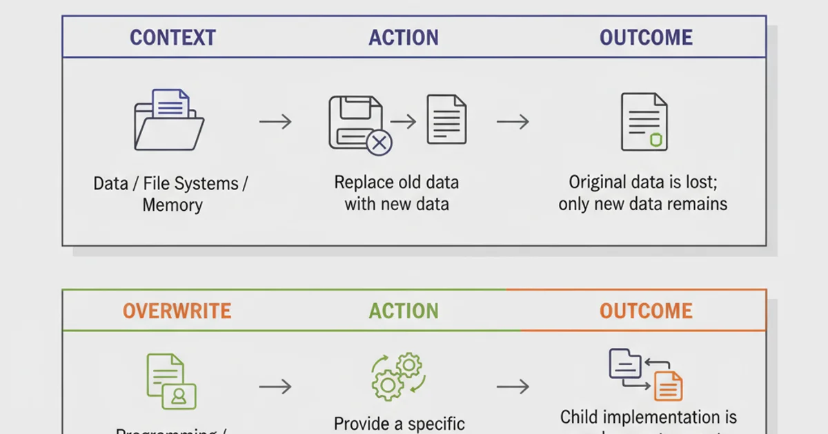 A table comparing 'Overwrite' and 'Override' based on context, action, and outcome.