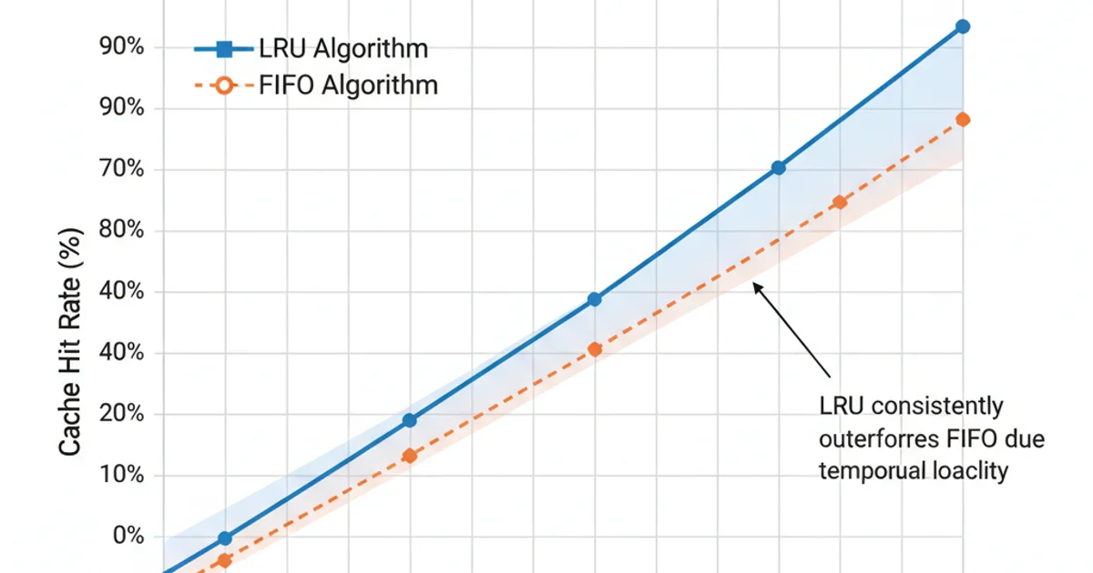 Graph comparing cache hit rates of LRU and FIFO algorithms across varying cache sizes, showing LRU consistently higher.