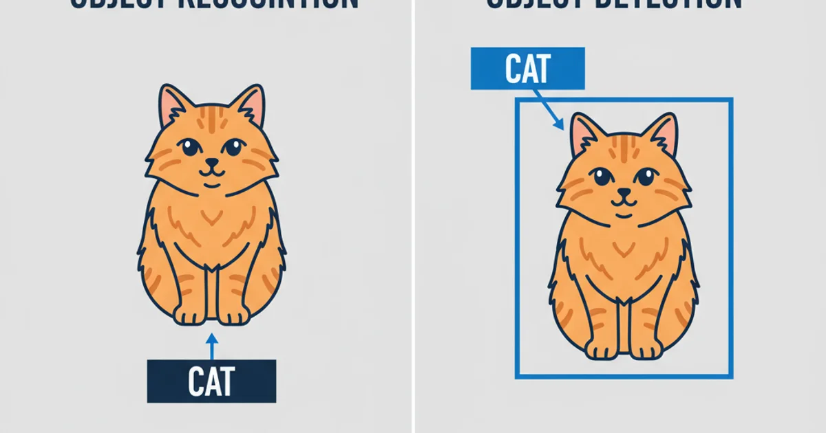 A comparison showing an image with a single label 'cat' for recognition versus the same image with a bounding box around the cat and the label 'cat' for detection.
