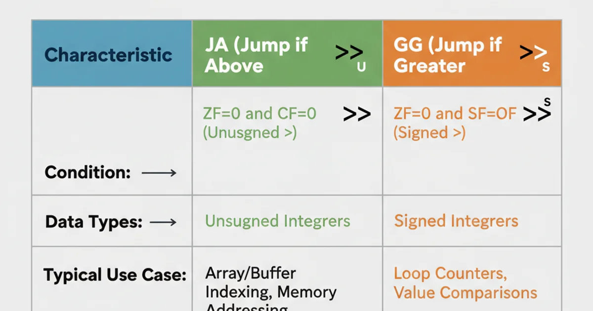 A table comparing JA and JG based on their conditions, data types, and typical use cases.