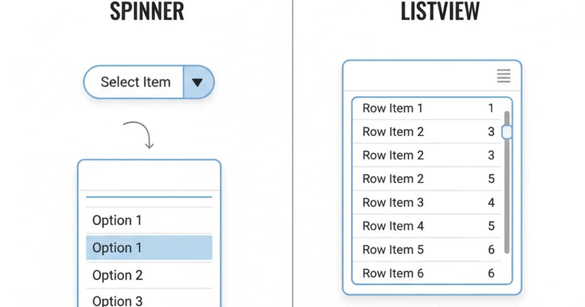 Visual comparison showing a Spinner as a compact dropdown and a ListView as a scrolling list of items.