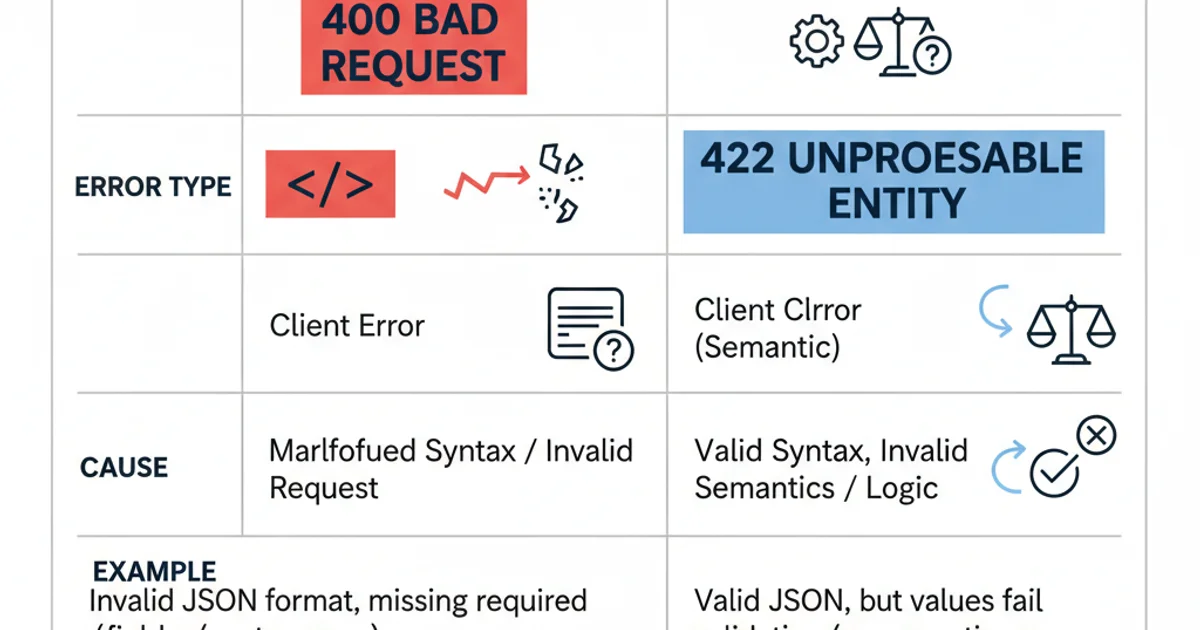 Comparison table highlighting the differences between HTTP 400 Bad Request and 422 Unprocessable Entity, showing their error type, cause, and examples.