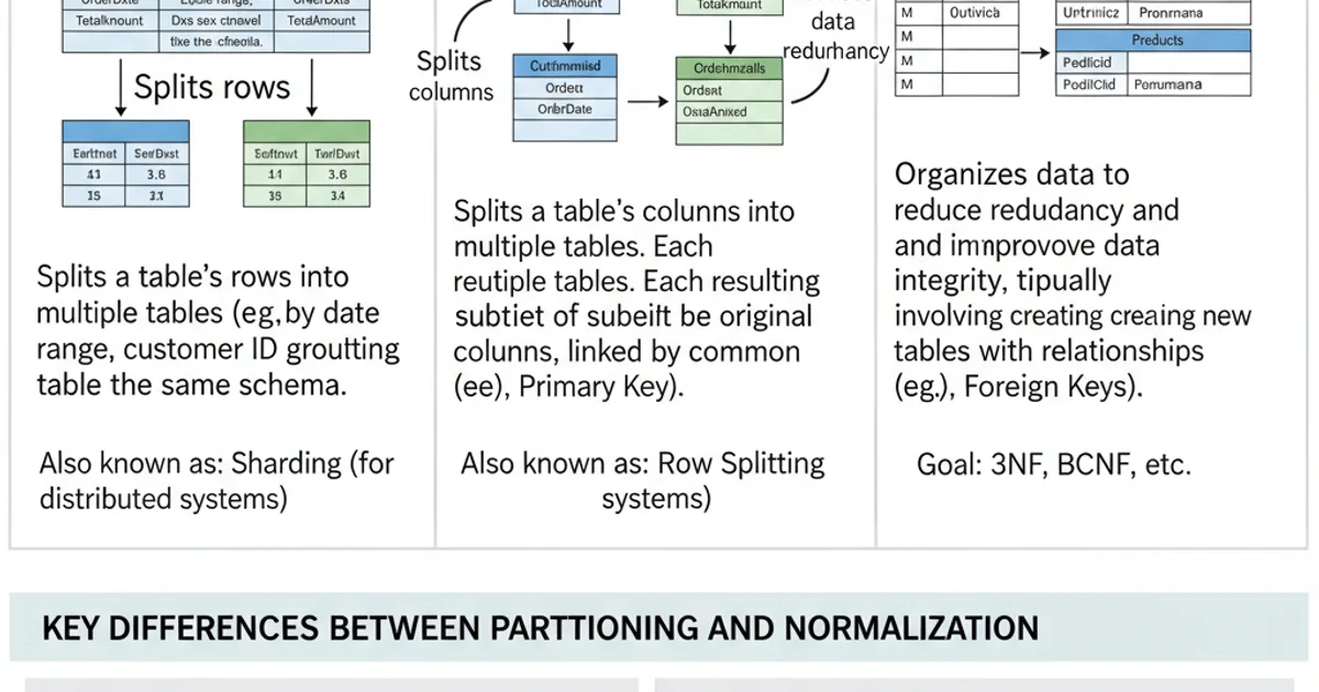 Comparison table illustrating the differences between Horizontal Partitioning, Vertical Partitioning, and Normalization.