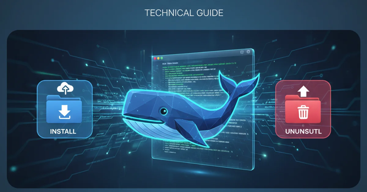Docker whale logo on a macOS desktop with installation and uninstallation icons