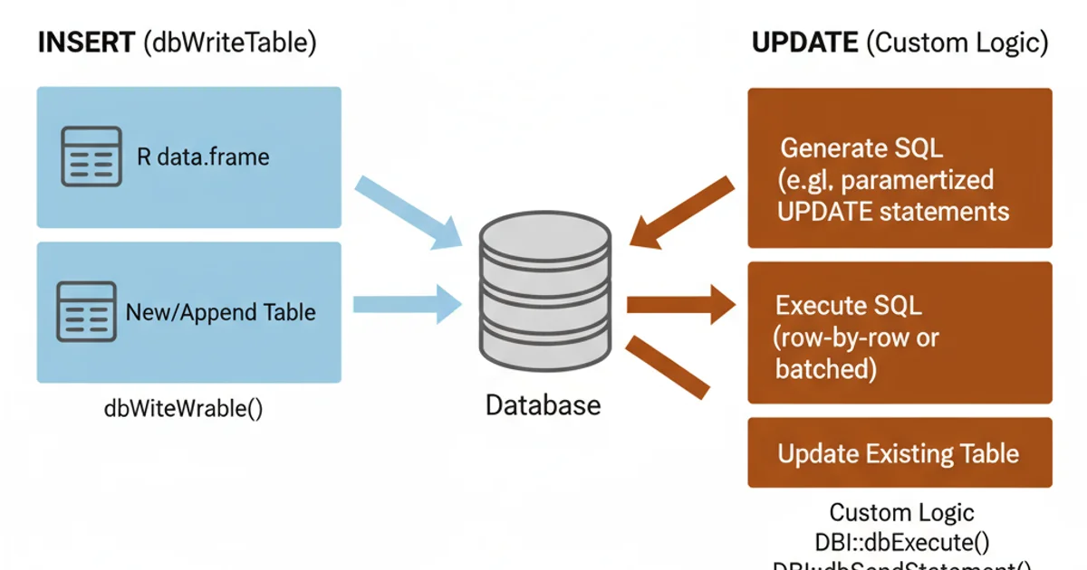 A diagram illustrating the difference between dbWriteTable and custom UPDATE logic. dbWriteTable shows a direct arrow from R data.frame to 'New/Append Table'. Custom UPDATE logic shows R data.frame -> 'Generate SQL' -> 'Execute SQL' -> 'Update Existing Table'. Use distinct colors for each path.
