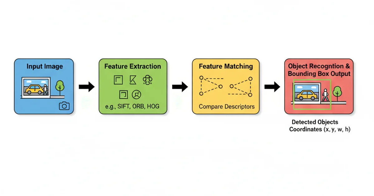 A diagram illustrating the process of object detection: input image, feature extraction, feature matching, and bounding box output.