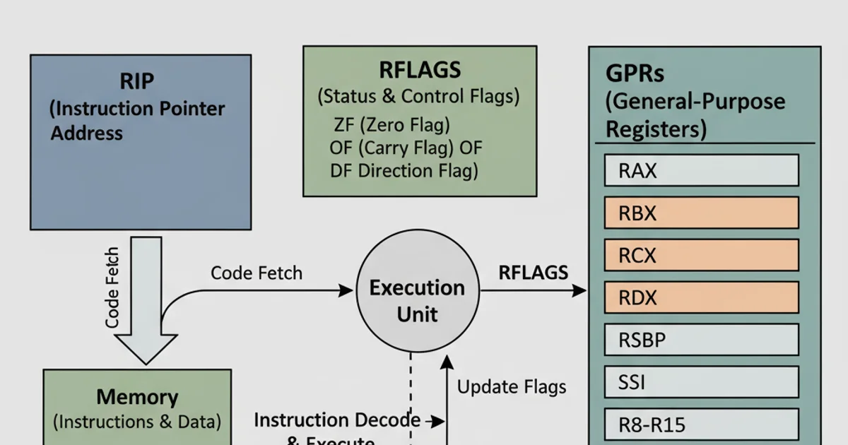Conceptual diagram showing the relationship between RIP, RFLAGS, and GPRs in program execution flow.