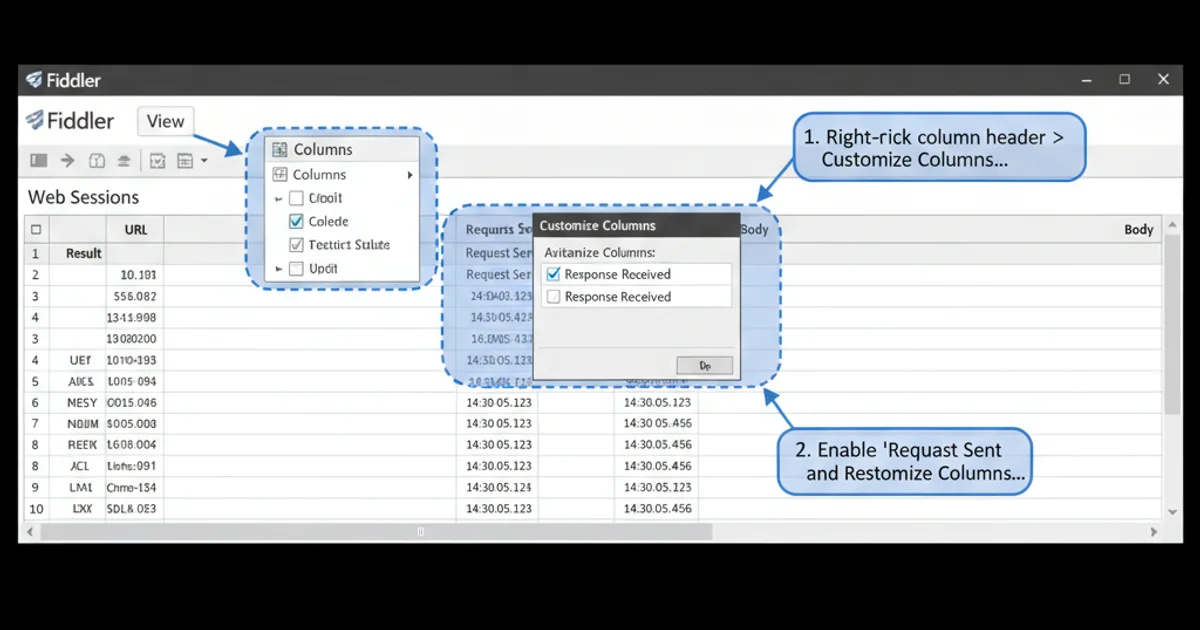 Screenshot of Fiddler's Web Sessions list with 'Request Sent' and 'Response Received' columns visible and highlighted.