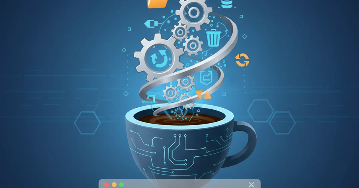 Illustration of a Java coffee cup with gears and resource icons, representing efficient resource management.