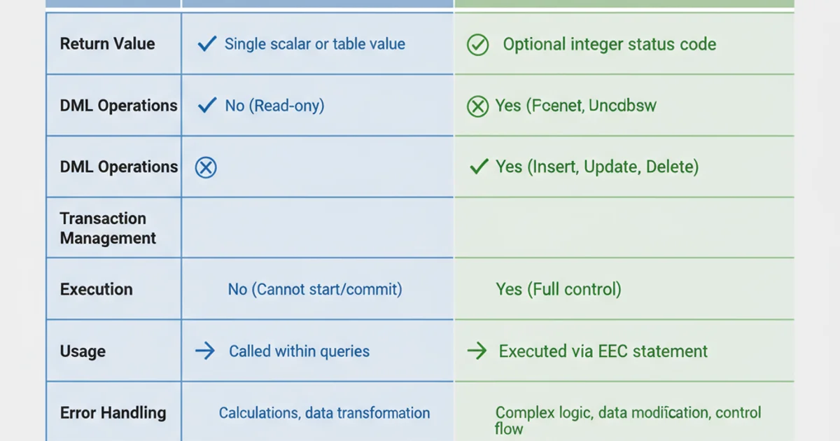 Table comparing SQL Server Functions and Stored Procedures across various attributes like return value, DML operations, transaction management, and usage.