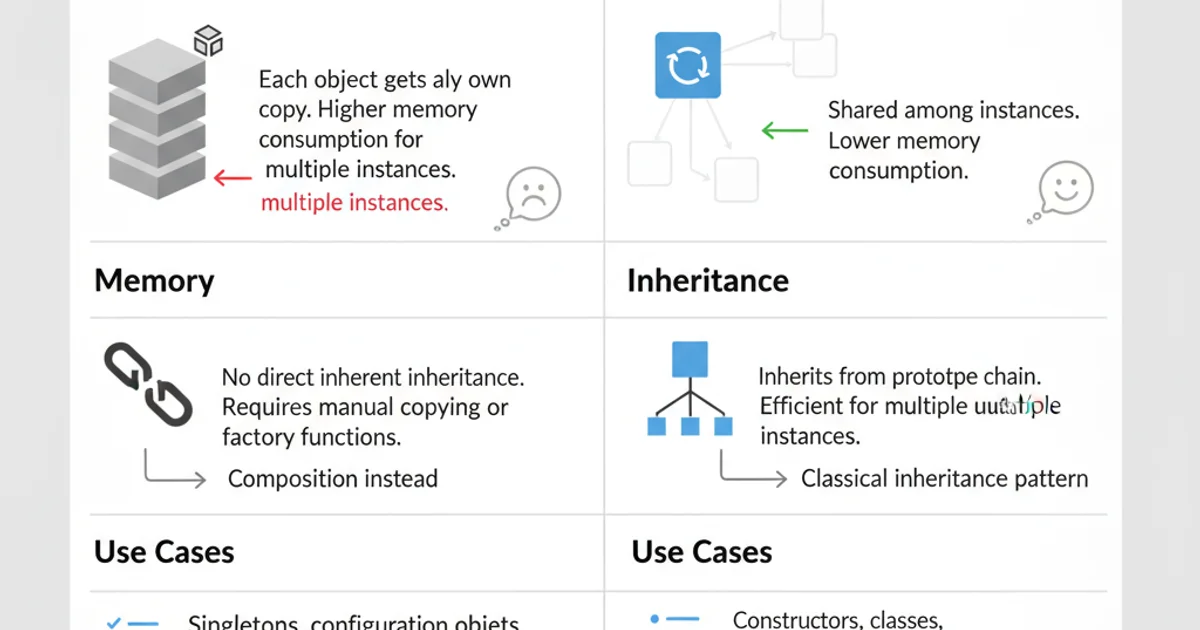 Table comparing object literal functions and prototype functions based on memory, inheritance, and use cases