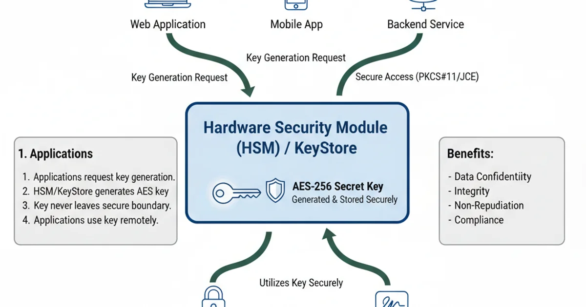Diagram showing secure key storage using a KeyStore or HSM, with applications accessing keys securely.