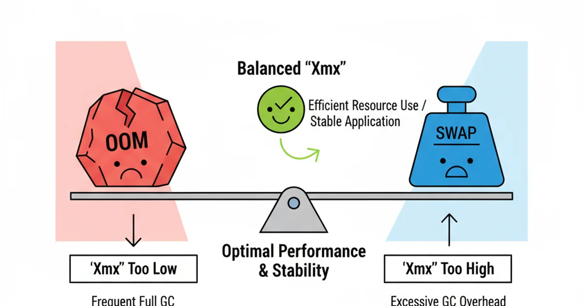 Diagram illustrating the balance between setting -Xmx too low (OutOfMemoryError) and too high (GC overhead, swapping).