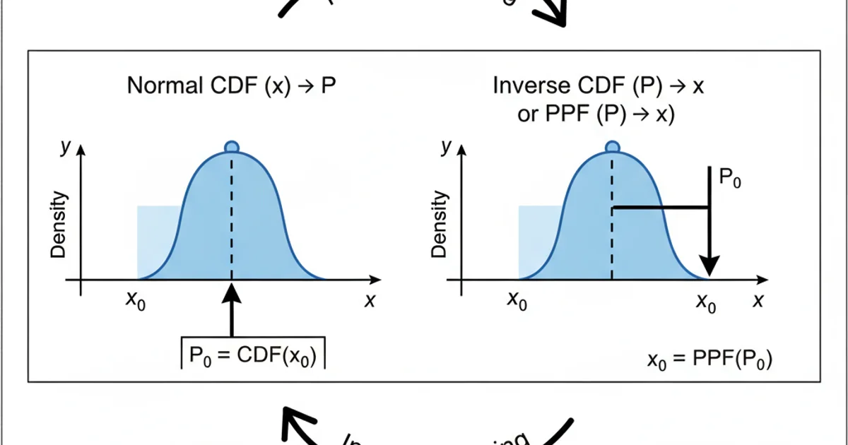 A diagram illustrating the relationship between the Normal CDF and its inverse (PPF). On the left, a normal distribution curve with an x-value pointing to a shaded area representing probability. On the right, the inverse operation: a probability value pointing to an x-value on the same curve. Arrows show the forward and inverse mapping. Use blue for the curve, light blue for shaded areas, and black for axes and labels. Clean, technical style.