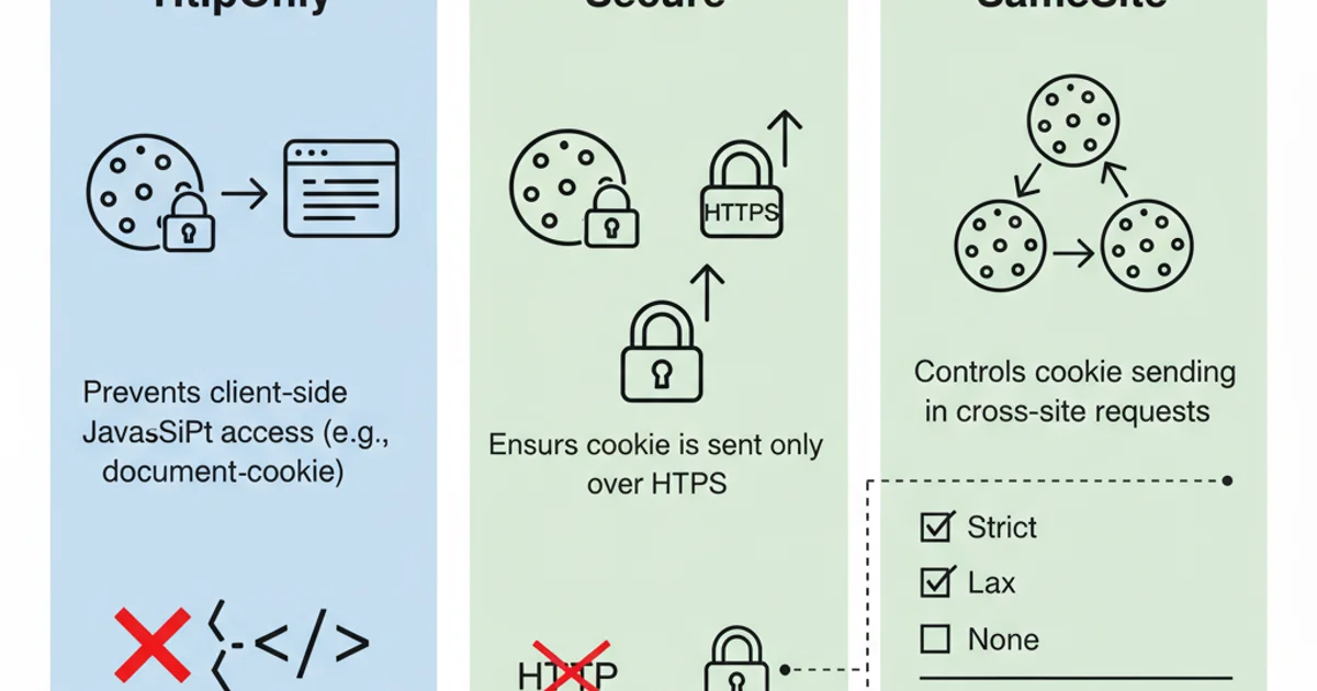 Diagram illustrating secure cookie attributes: HttpOnly, Secure, and SameSite.