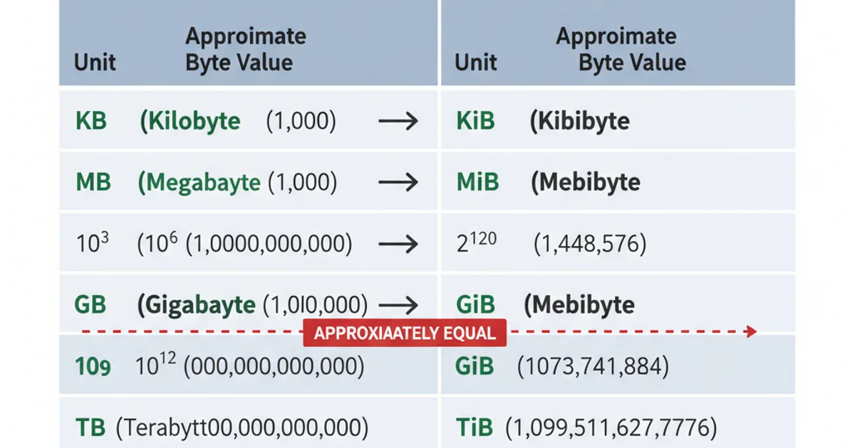 Table comparing decimal and binary data units and their byte values