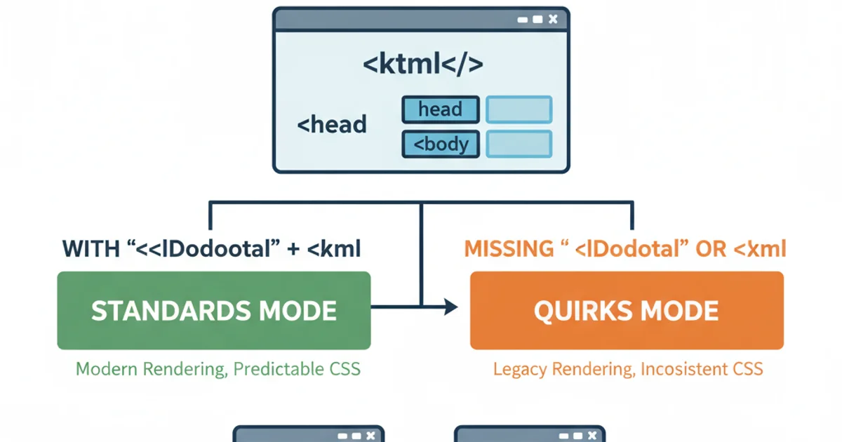 Diagram showing the relationship between DOCTYPE, HTML tag, and browser rendering modes (Quirks vs. Standards)