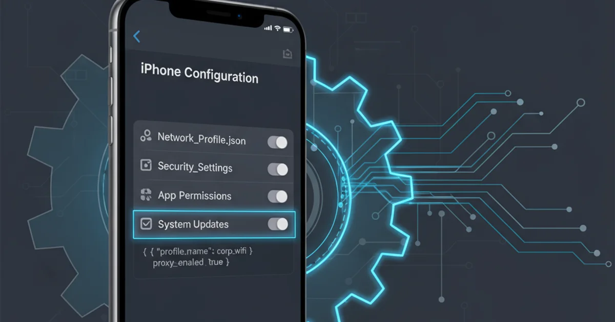 An iPhone screen displaying configuration settings with a gear icon in the background, symbolizing device management.
