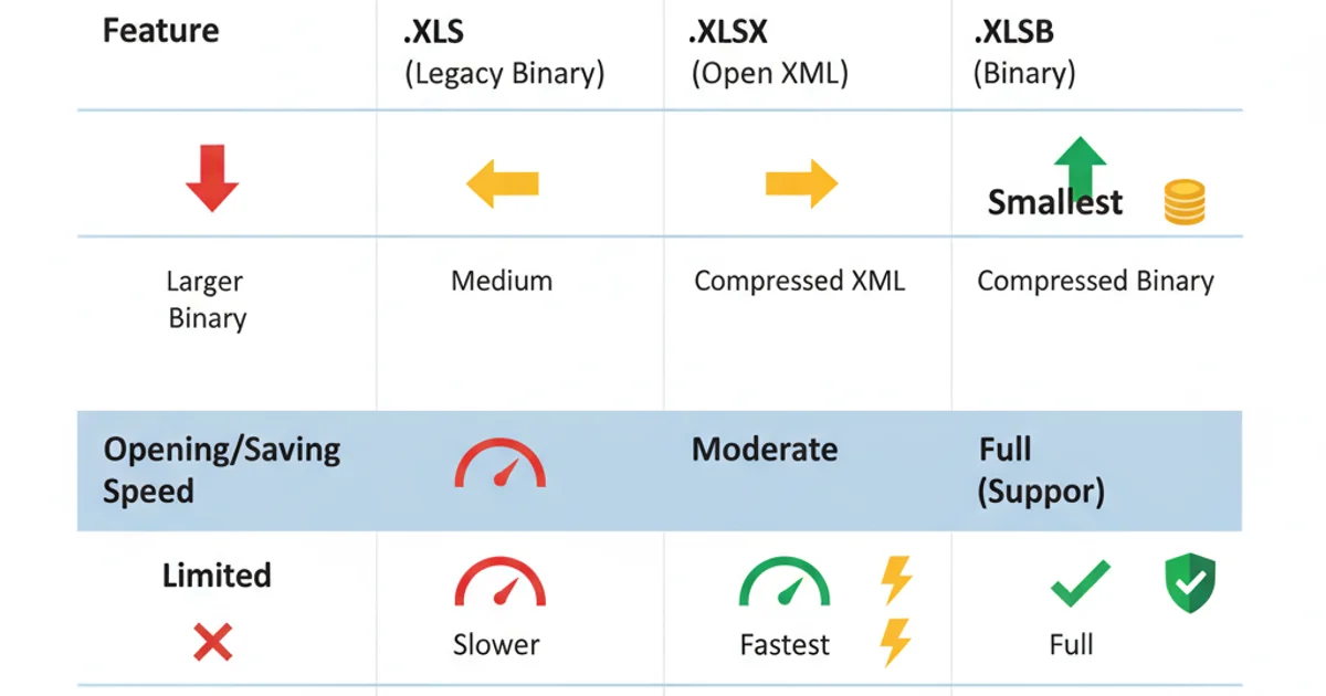 A comparison table showing file size, speed, and feature support for .xls, .xlsx, and .xlsb formats.
